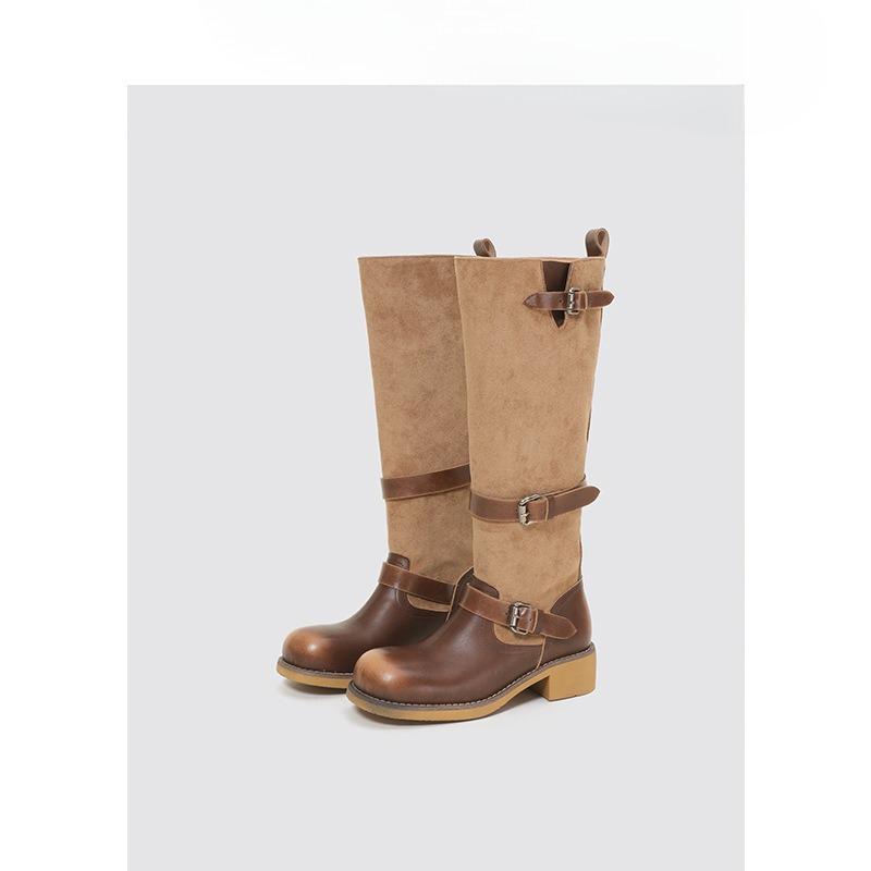 Retro Shoes, Round-toed Thigh-high Ankle Boots, Belt Buckle High Ankle Boots, Women's Long Ankle Boots