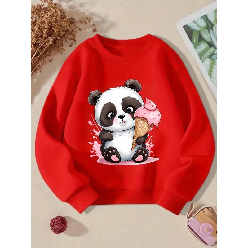 European sizes Crewneck Sweatshirt for Kids Featuring an Adorable Panda with a Pink Ice Cream. Perfect for Sports And Casual Outings