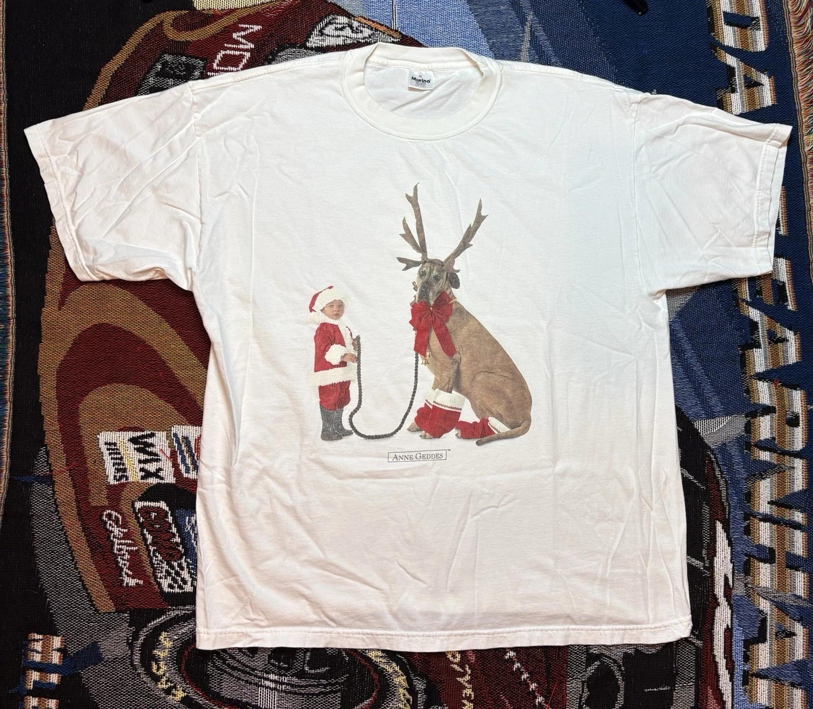 Vintage Anne Geddes Shirt Christmas Dog Reindeer Holiday Photography Mens XL 90s XL