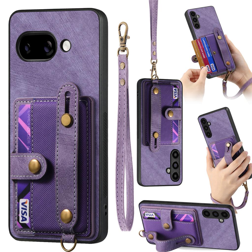 Für Google Pixel 9a Retro PU Leder Rückseite mit Kartenhalter und Armband-Ständer