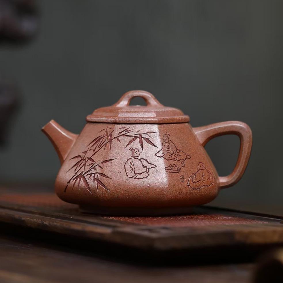 Eight-Sided Engraved Agarwood Clay Yixing Zisha Teapot by Renowned Artist