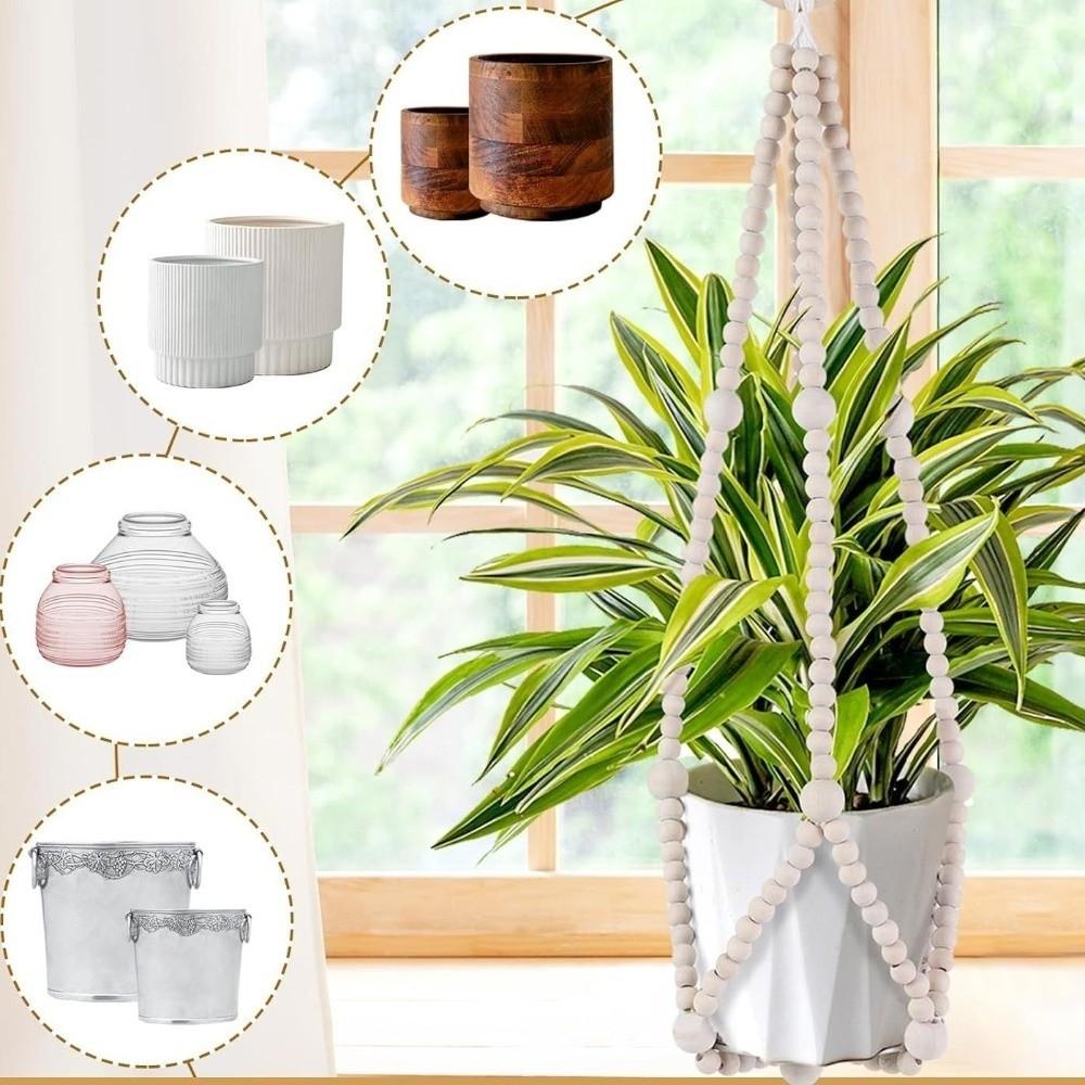 Natural Wood Beads Hanging Planter Basket Macrame Fringe Macrame Plant Hanger Outdoor Garden