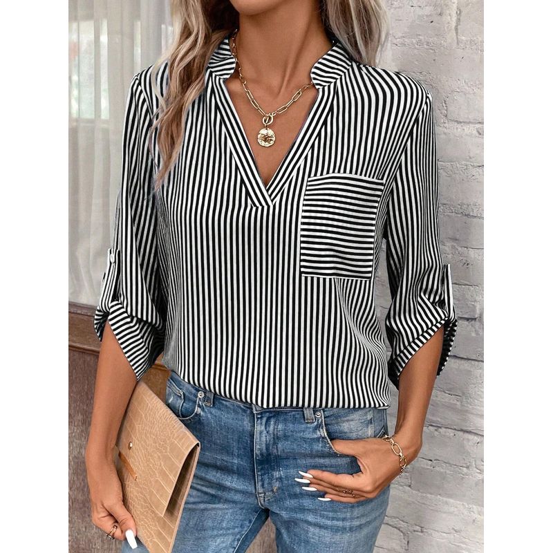 

Striped Casual Shirt European and American Autumn New Women clothes V-neck Stripe Print Long sleeve Leisure Shirts Black XL
