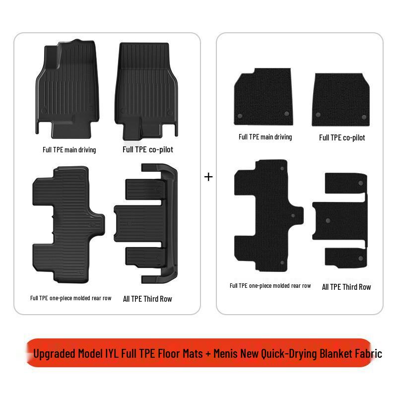 Tesla Model Y Six-Seater TPE Floor Mats Set: Includes Full Car Interior, Front and Rear Trunk Protection Mats.