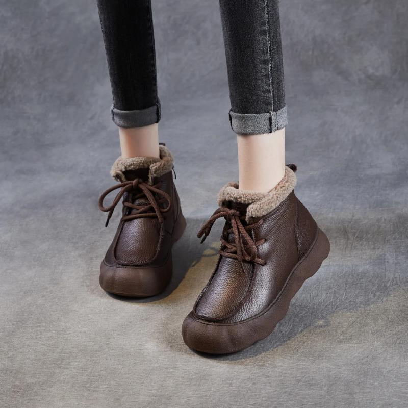 Johnature Retro Boty z pravé kůže Plyšové teplé Dámské kotníkové boty s měkkou podrážkou Kulatá špička Všestranné bavlněné boty