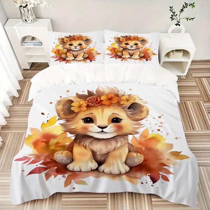 3pcs Lovely Little Lion Print Cover Set Ultra Soft, Breathable, and Comfortable Bedding with Stylish Design for Bedroom and Guest Room Decor 1 Co