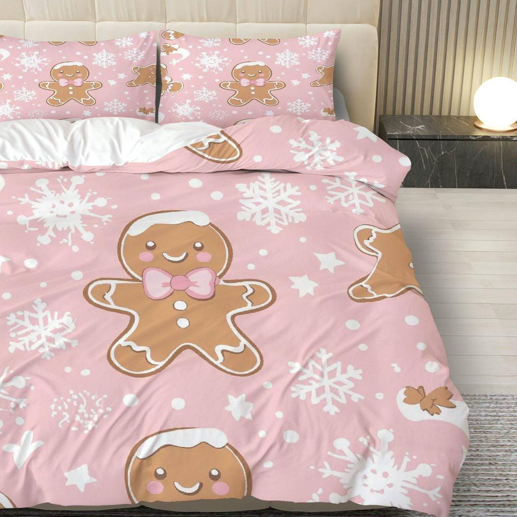 3Pcs Gingerbread Snowflake Pink Duvet Cover Set - Cute Cartoon Design Zipper Closure Machine Washable Polyester All-Season