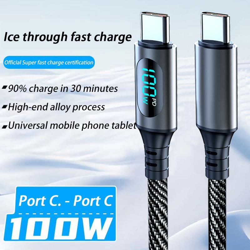 Ultra-Super Fast Charge Cable-6A 120W USB A To Type C Nylon Data Cord For Xiaomi Redmi Samsung With Led Digital Display Cable