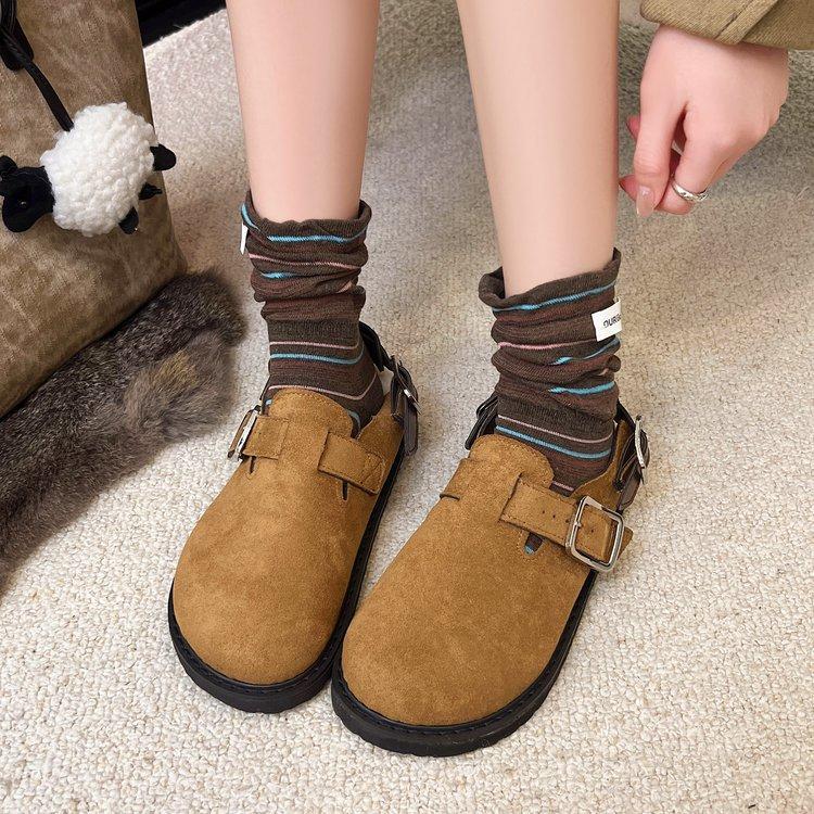 Cowhide Version of Boken Shoes Women's Bag Head 2025 Autumn and Winter New Retro One-word Buckle Warm Lazy Slippers Trendy Outside