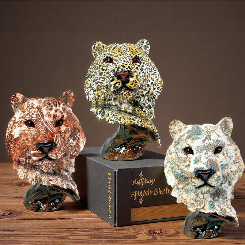 Resin Leopard Head Sculpture Decorative Figurine Living Room Office TV Cabinet European Style Animal Art Statue