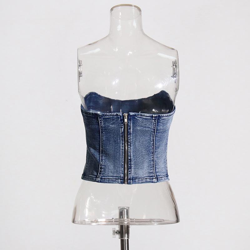 Spring 2025 European & American Sexy Washed Denim Zipper Tube Top