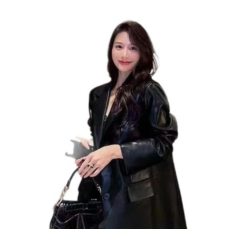 Leather Jacket Autumn New Casual Retro Temperament Waist Strap Medium and Long Suit Collar Leather Jacket Fashion