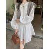 Kumikumi Gentle White Lace-up Lantern Sleeve Dress Women Autumn Chic Youthful-Looking Loose Slim Looking Short Skirt