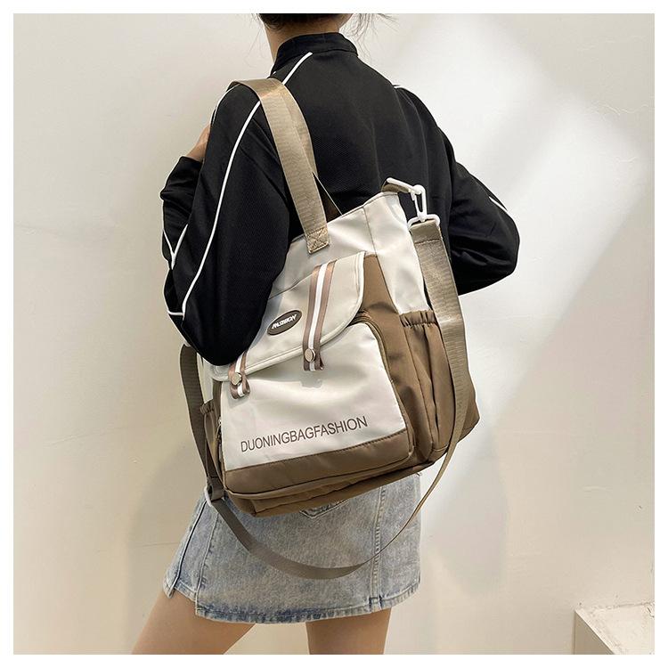Japanese Style Color Block Canvas Tote Bag for Students, Large Capacity Book Shoulder Bag with Handles, Casual School Commute Handbag