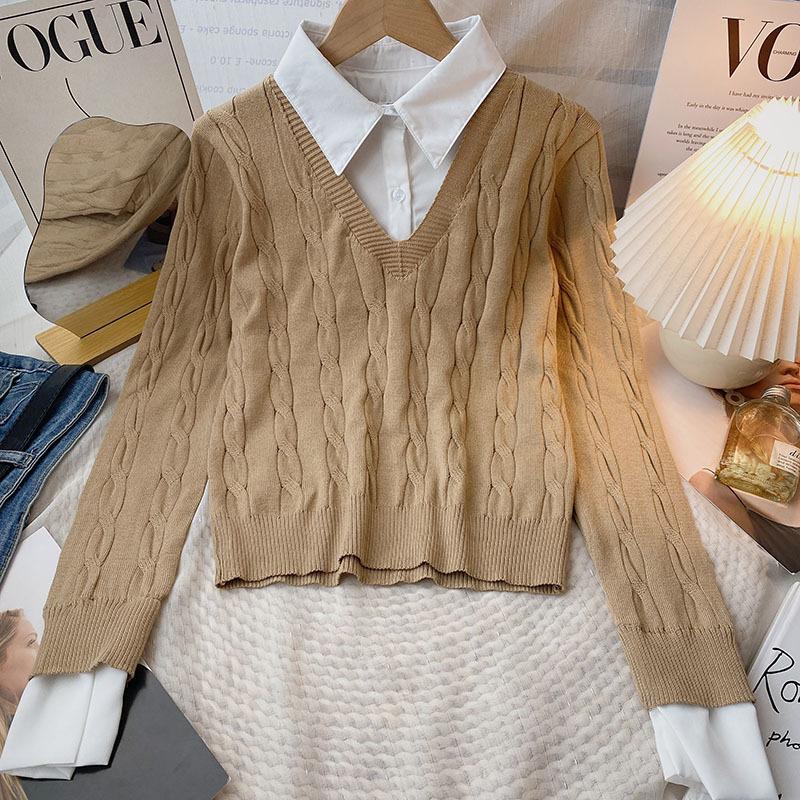 Lapel splicing fake two-piece sweater women's autumn and winter new slim-fit long-sleeved knitted top trendy