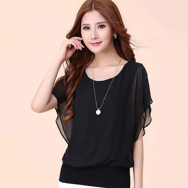 

Шифоновая женская рубашка «летучая мышь» больших размеров, женская футболка с короткими рукавами, свободный и тонкий однотонный шифоновый топ-рубашка XXXXXL чёрный