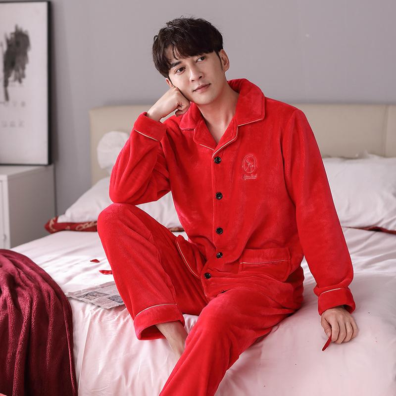 Pajamas Men'S Autumn And Winter Coral Fleece Thickened Men'S Big Red Natal Year Flannel Wedding Loungewear
