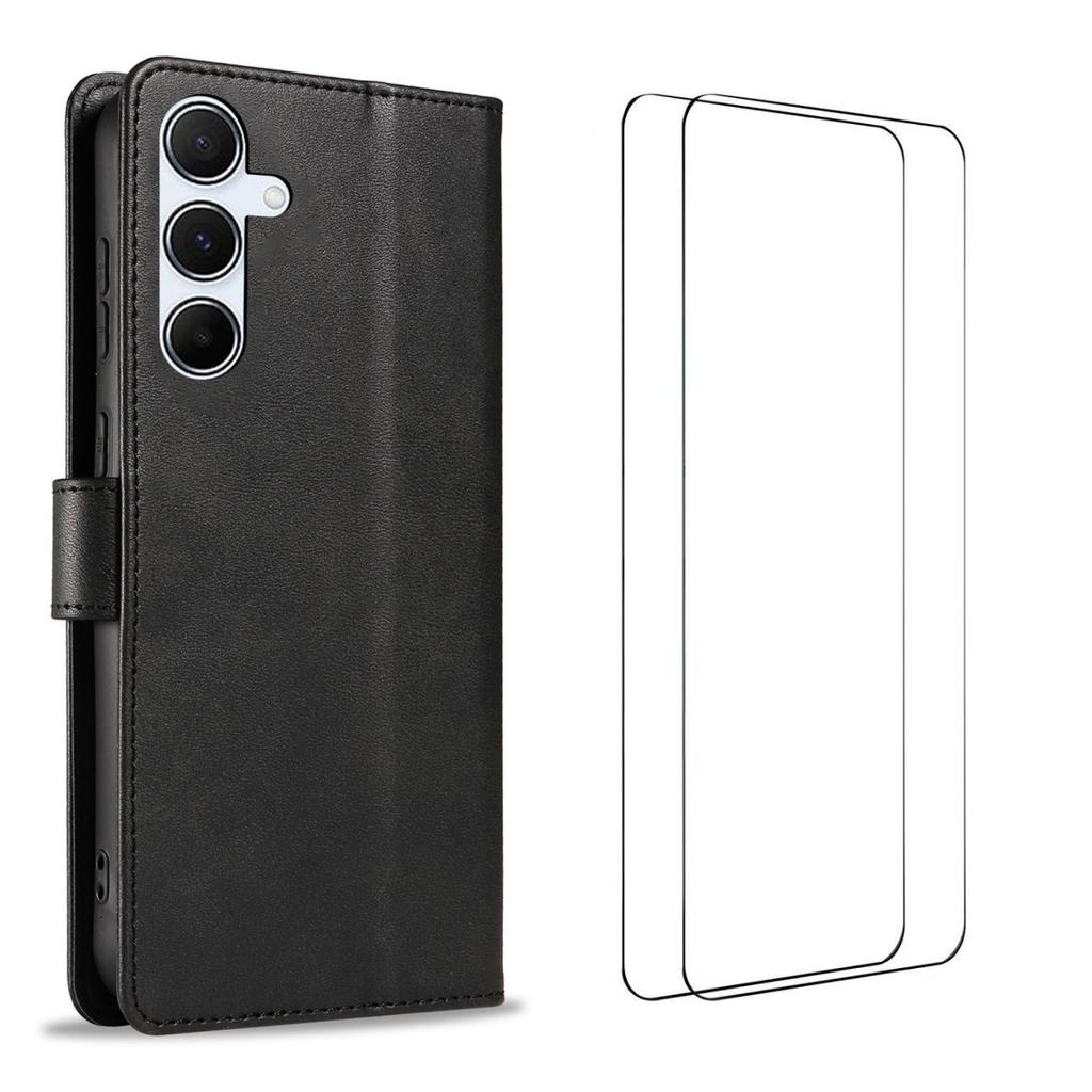 For Samsung Galaxy A55 5G Case with 2Pcs Tempered Glass WANLONFENG WN Series Calf Texture Leather Phone Cover Big Cutouts