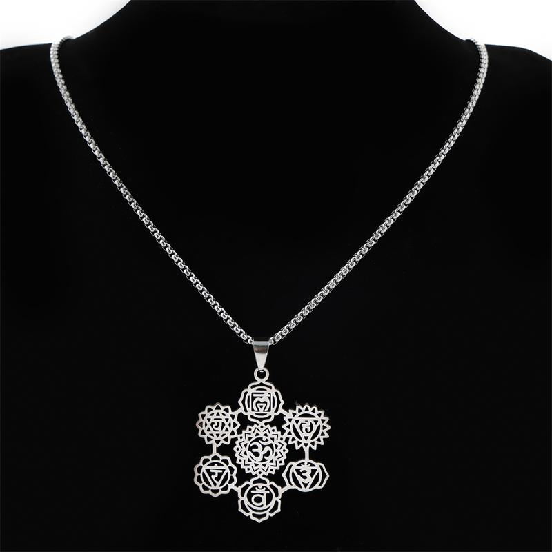 Yoga 7 Chakra Flower Om Aum Symbol Pendant Necklace for Women Men Stainless Steel Gold Color Hindu Reiki Healing Amulet Jewelry