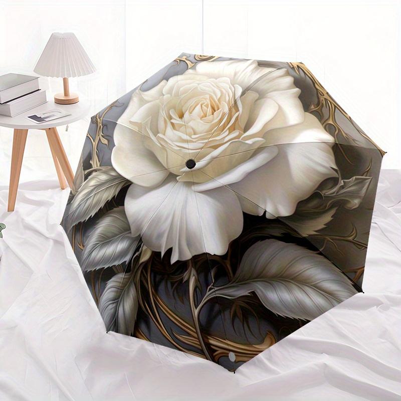 1pc Automatic Open/Close Umbrella with Elegant White Rose Floral design - Windproof 8-Rib sturdy Frame, Compact Folding Umbrel
