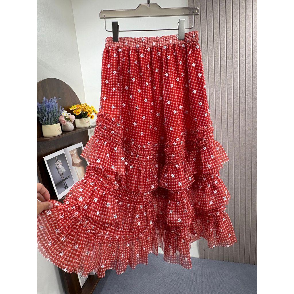 Qooth Printed Pleated Midi Skirt Elastic Waist Floral A-Line with Dense Ruffled Vintage QT2833