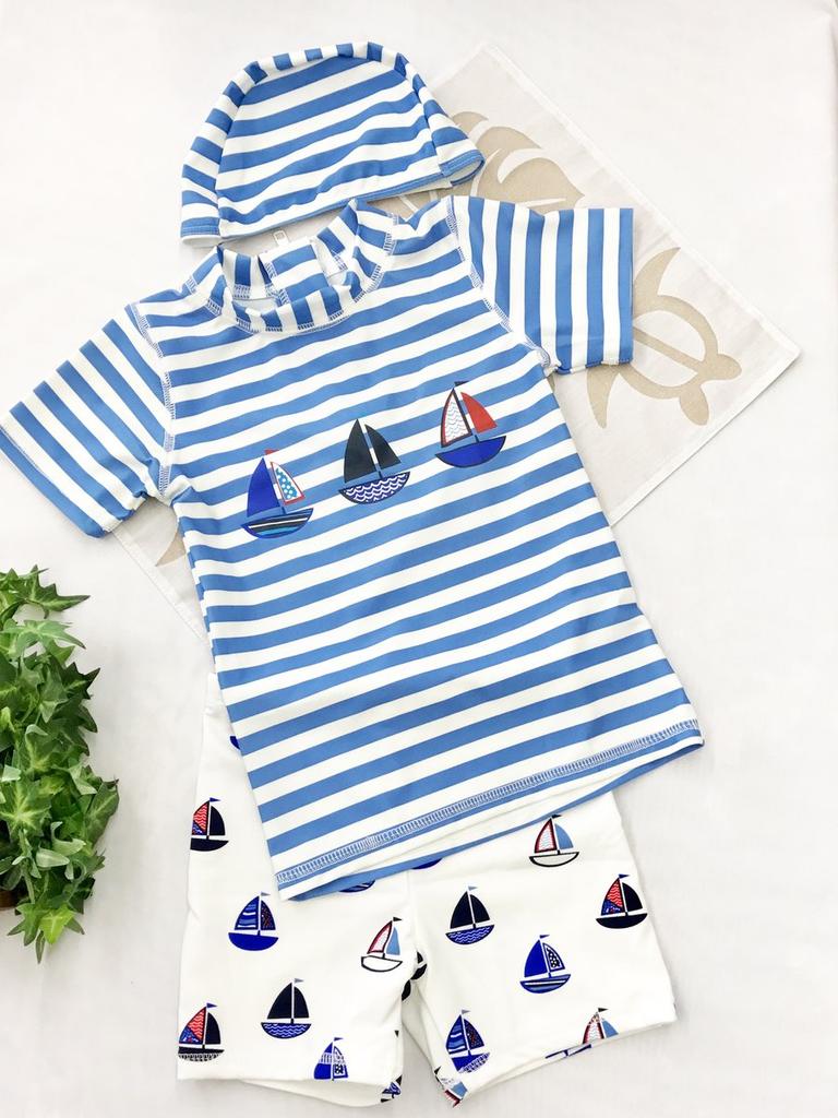 Emfay Short Top and Bottom with Rash UV 4T Boys' Swimsuit, Sleeve, Striped, Set, Cap, Guard, Swimwear, Protection,