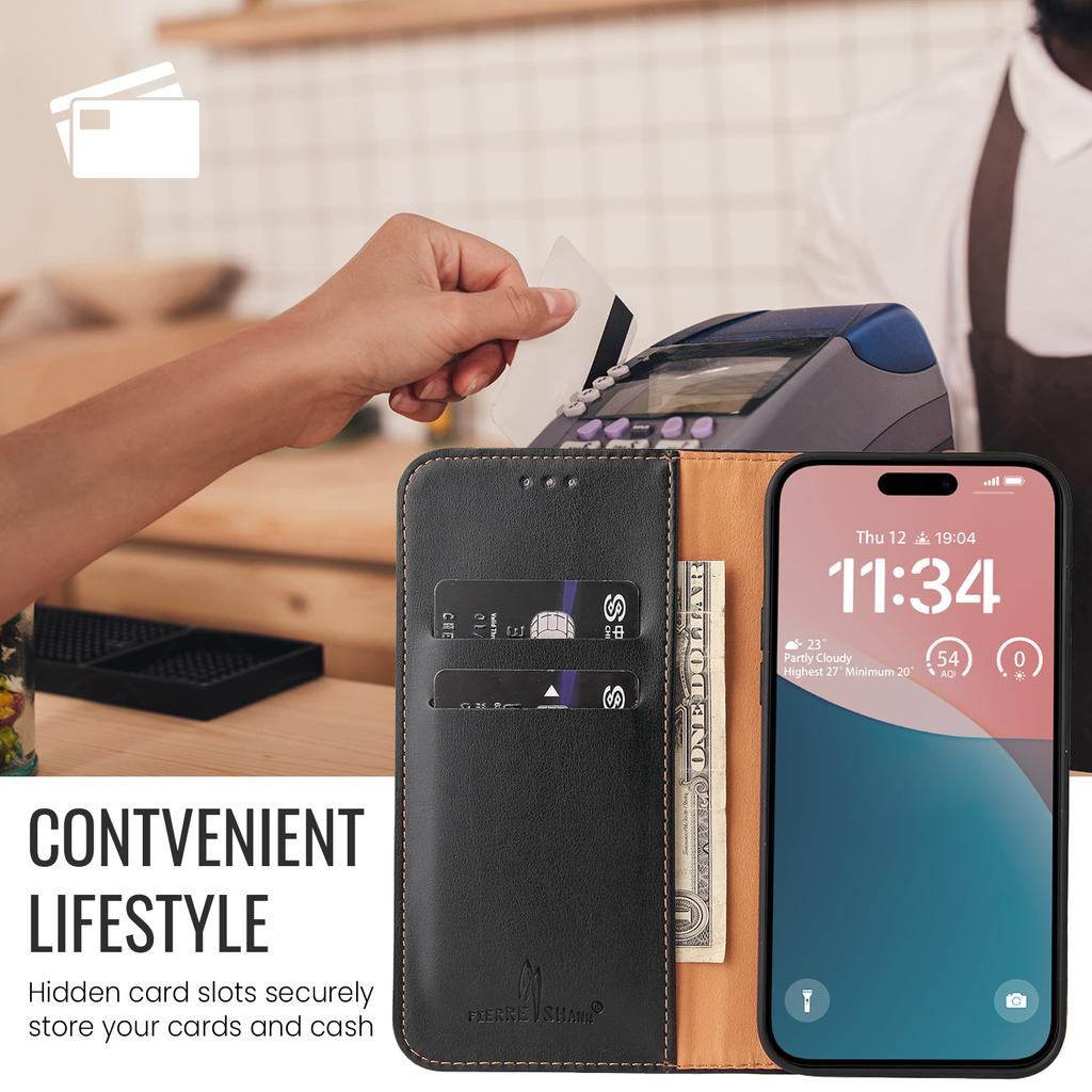 FIERRE SHANN For iPhone 16 Pro Max Case PU Leather Flip Stand Wallet Phone Cover
