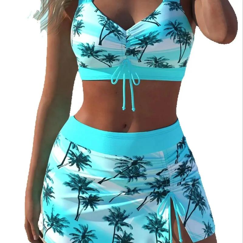 

Лето 2025 Купальник из 2 частей с принтом деревьев Сексуальный облегающий жилет Кроп-топы Мини-юбка с высокой талией и трусиками Праздничный XXL синий