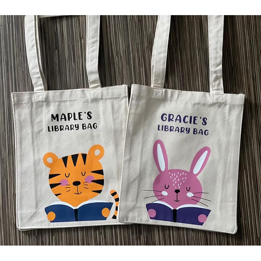 Custom Bunny Library Tote Bag Cute Tiger for Kids Preschool Reading Bag Childs Book Bag Back To School Birthday Gift Baby Shower