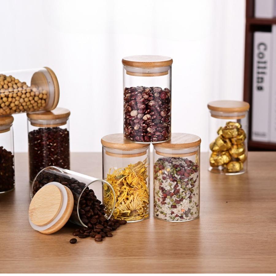Glass Jar with Bamboo Lid 280ml Glass Food Storage Container, Suitable for Kitchen Spice Jars, Coffee Jars, Dried Fruit Jar