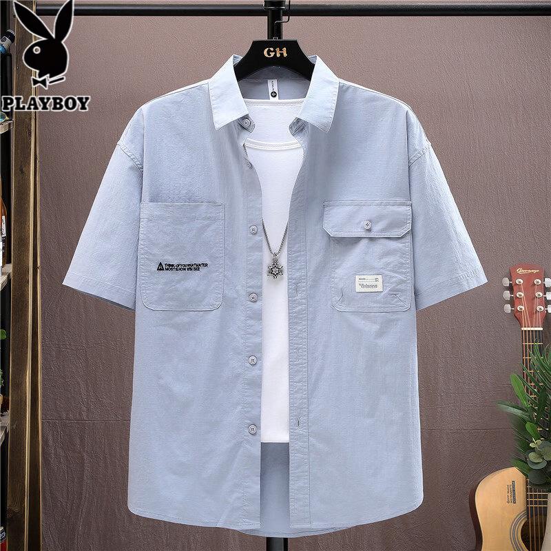 PLAYBOY Men s Washed Cotton Workwear Short-Sleeve Shirt M