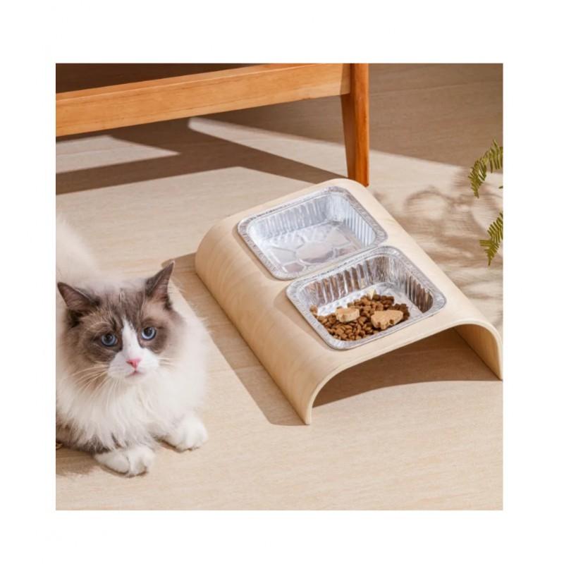 Wooden Cat Bowl Stand Holder Ceramic Food Water Bowls Anti-Tip Design Neck Support Pet Feeder Station