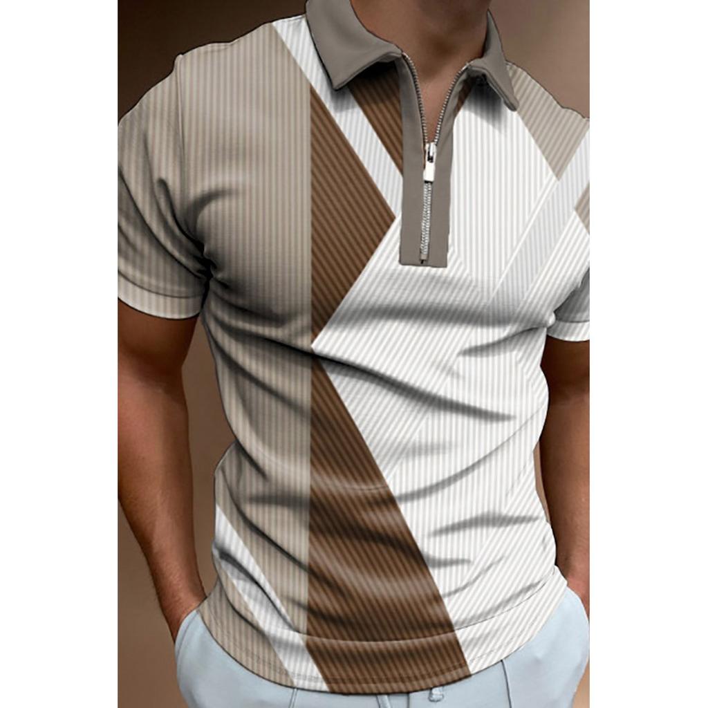 Polo Collar Summer Casual Khaki Striped T Shirt Men Tops