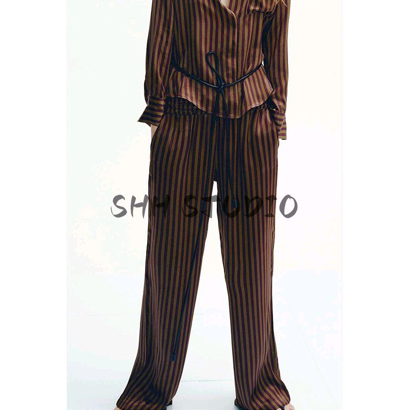 Spring New Women's Clothing Casual Pants 2298425 Stripes Print Silk Satin Textured Shirt 2298056