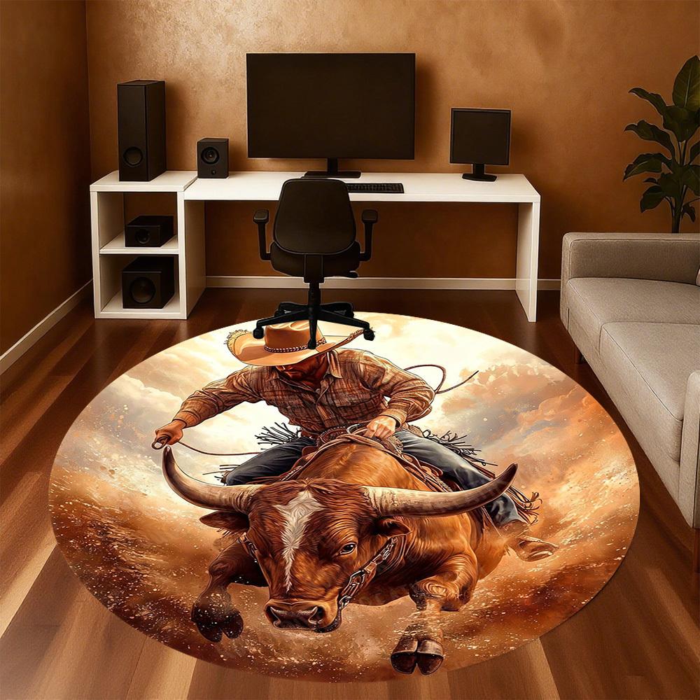 1PC bull riding cowboy Office Round Area Rug, Under Office Chairs Bedroom Living Room Home Decor,Carpet for Office, -1110222