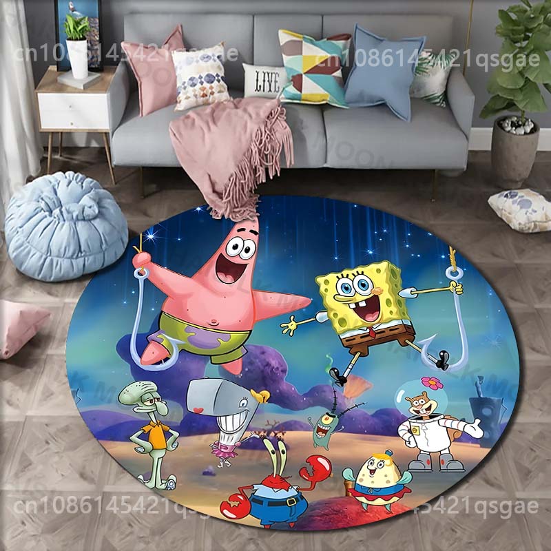 Cartoon SpongeBob Schwammkopf Druck Runder Teppich für Wohnzimmer Schlafzimmer Tisch und Stuhl Sofa Heimdekoration Bereichsteppich Luxuriöses Geschenk