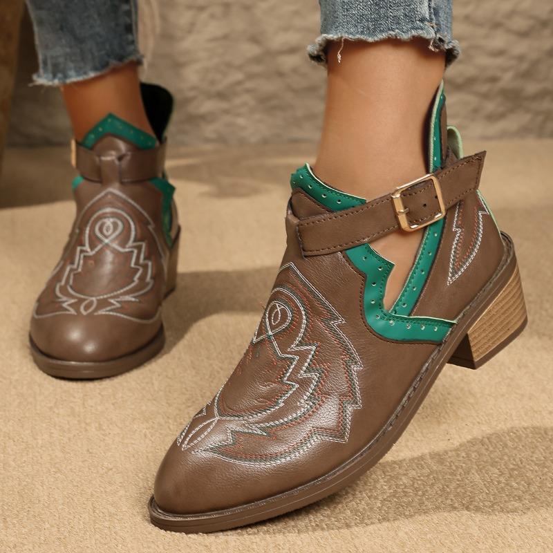 Large Size Autumn Women's Belt Buckle Martin Boots Vintage Pointed Heel Embroidered Women's Boots