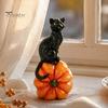 Black Cat Sculpture with Pumpkin Halloween Ornament, Vintage Wood Carving Style Indoor Holiday Tabletop Accents Resin Figurine, Spooky Decor for Home