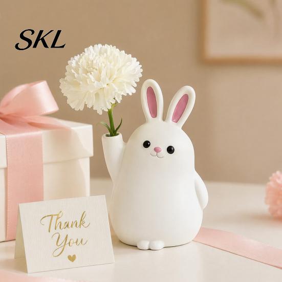 Animal Theme Decor 3D Printed Rabbit Vase Ornament, White Bunny Flower Holder Decorative Container, Shape Desktop Decoration for Home Office Dried