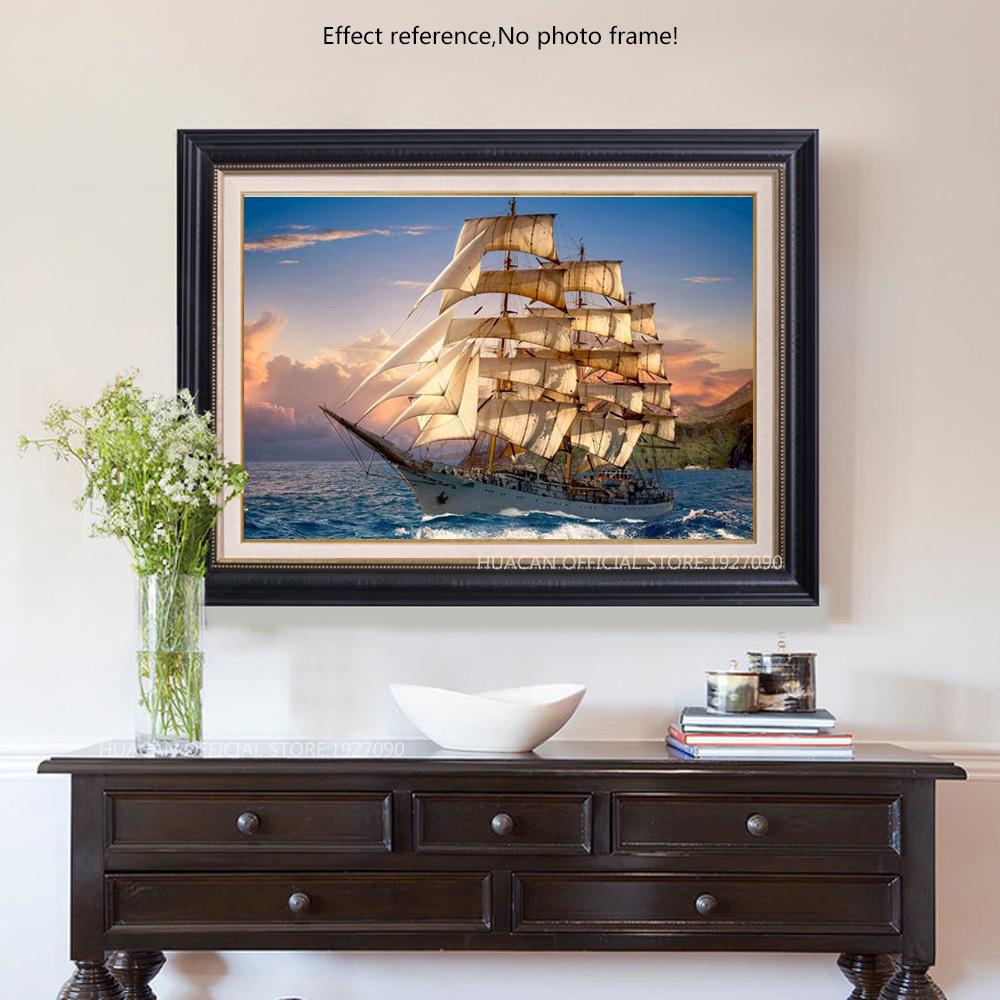 HUACAN Landscape Paint Diamonds 5D Full Square Drill Sea Decoration Home DIY Mosaic Sailboat