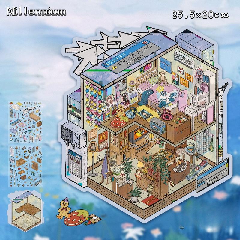 

3D Miniature House Sticker Sheet Vintage Diorama Scenery Decals for Journaling Retro Room Landscape Stickers for Scrapbooking