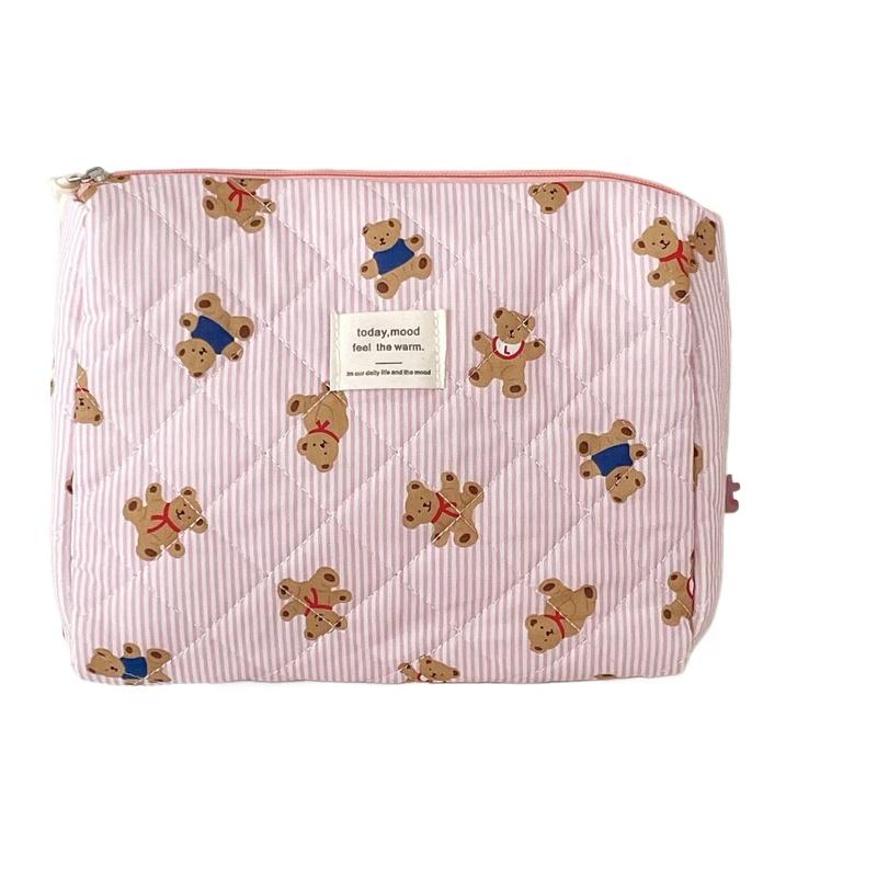 Pink Beige Bear Pattern Women Cosmetic Bag Cute Zipper Makeup Travel Organizer Female Handbag Toiletry Pouch for Girls