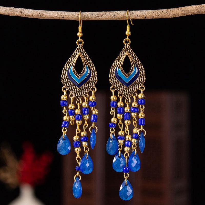 Bohemian Cross-Border Handmade Water Drop Rice Bead Tassel Earrings for Travel Photography