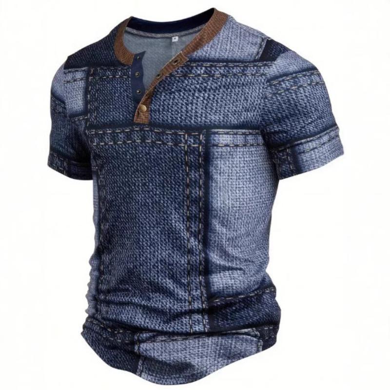 European and American semi-cardigan, casual short-sleeved digital printing slim-fit pullover Henry T-shirt top men's clothing