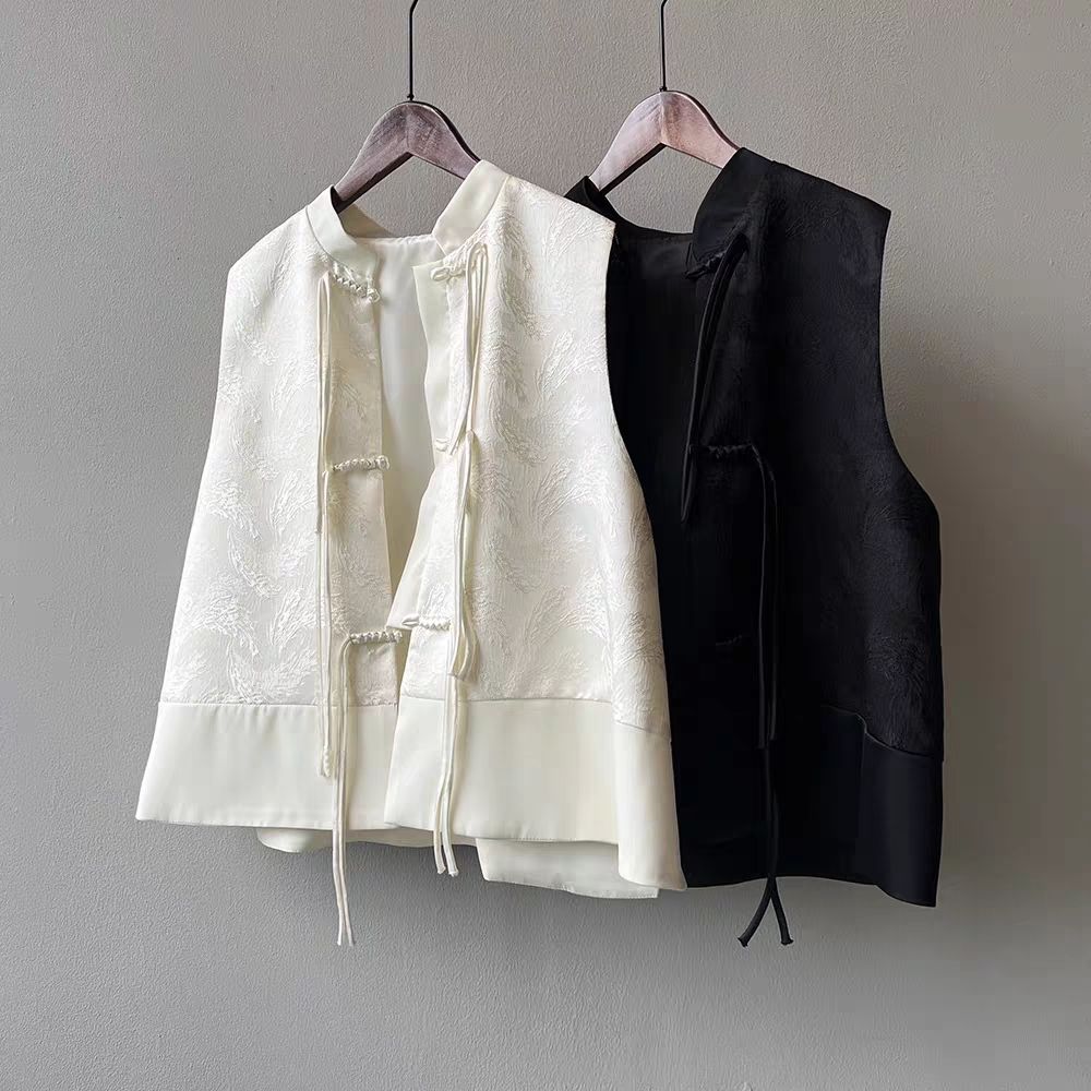 Chinese Plate Button Vest Jacket Spring Jacquard Stand Collar Sleeveless Waistcoat Retro Women Cheongsam Tops