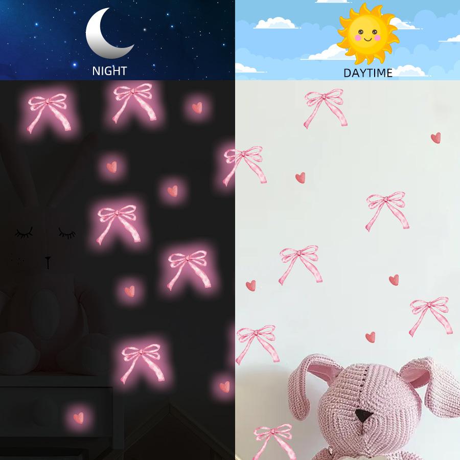Pink Night Glow Ribbon Bow Wall Stickers Self Adhesive Waterproof for Girls Bedroom Room Decor
