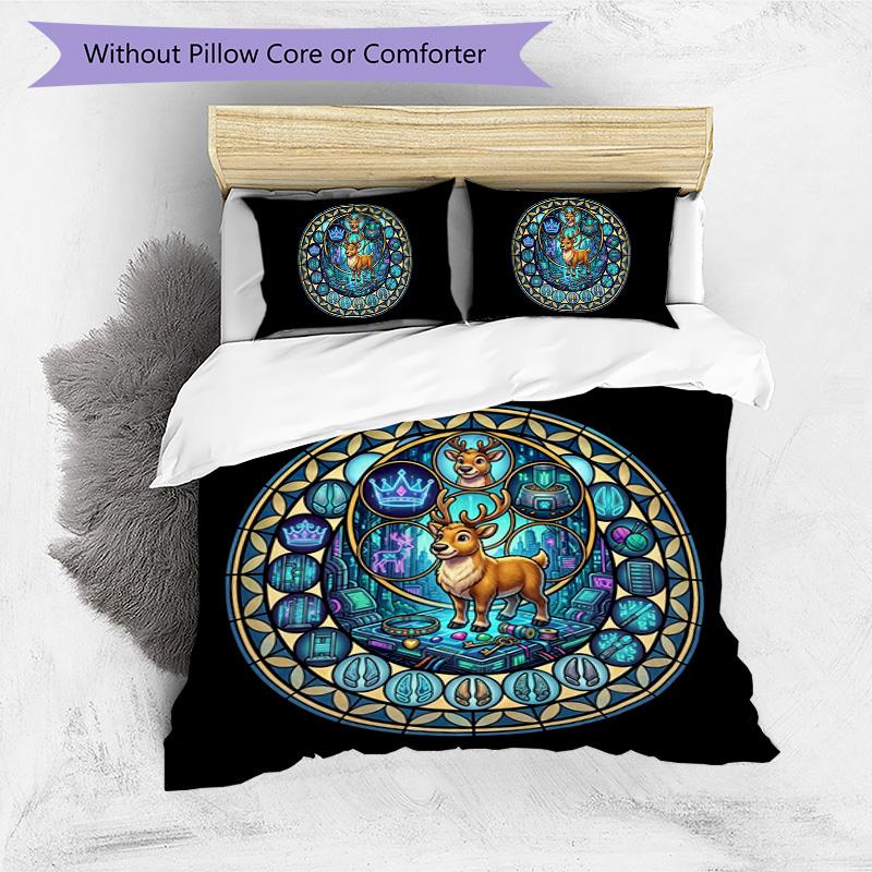 Deer Technological Glass Pattern Bedding,Quilt Set Quilt Cover Pillowcase Home Birthday Gift (1 * Duvet Cover + 2 * Pillowcase, Without Core)