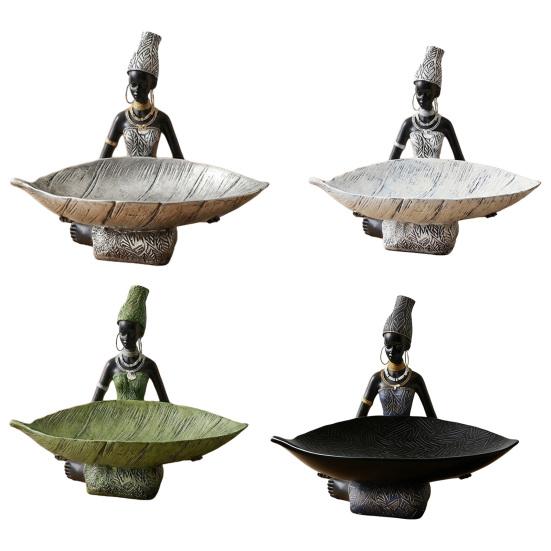 African Woman Holding Leaf Bowl Resin Statue Tribal Kneeling Figurine Jewelry Tray Desktop Decorative Snack Holder for Home Shelf Decor