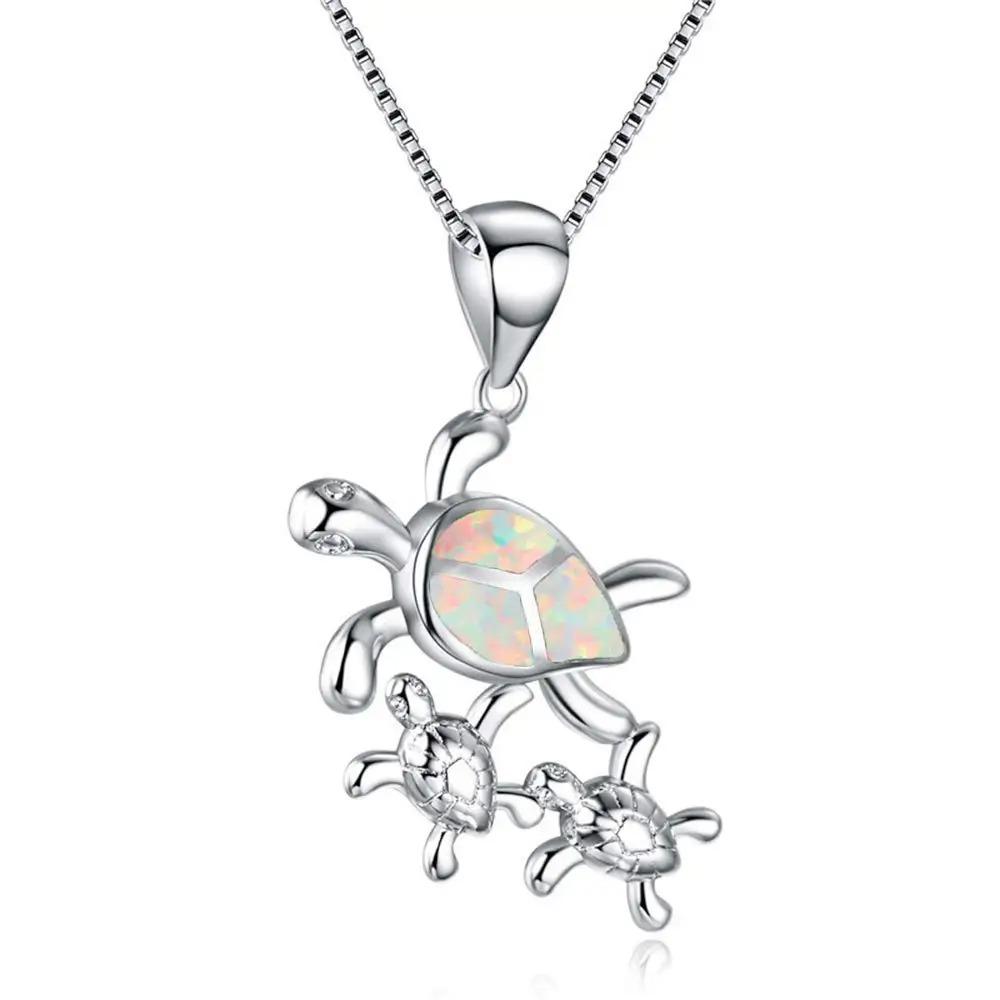Boho Fashion Cute Sea Turtle Family Pendant Necklace for Women Girl Inlay Imitation Blue Opal Necklace Wedding Party Jewelry