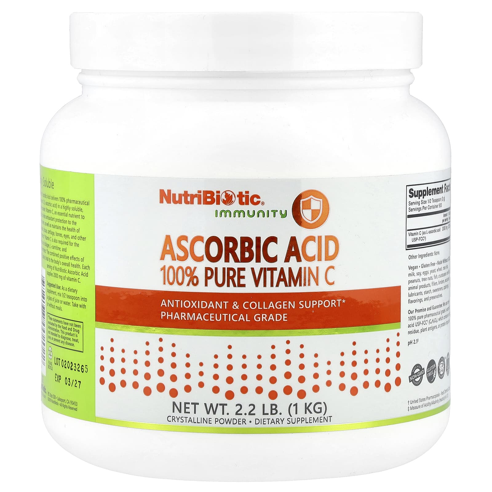 

Immunity, Ascorbic Acid, 100% Pure Vitamin C, Crystalline Powder, 1Kg (2.2Lb)